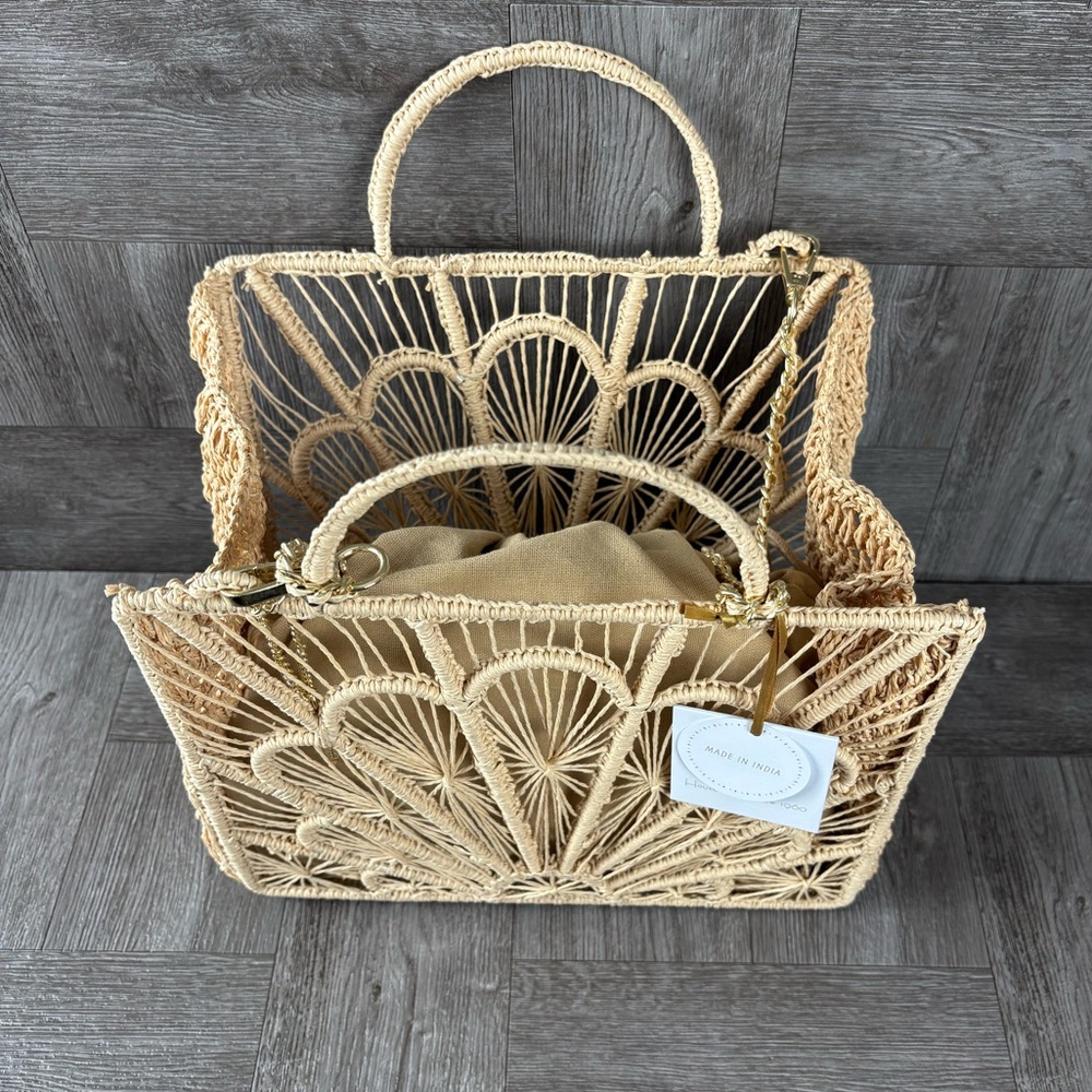 House Of Harlow 1960 Tan Hand Woven Raffia Hand Bag Purse Gold Crossbody Strap - Picture 3 of 11